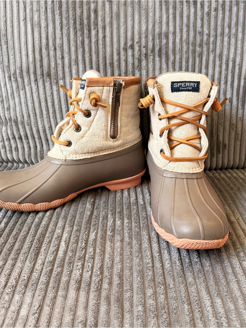 Women’s Sperry Tan and Pink Duck Boots